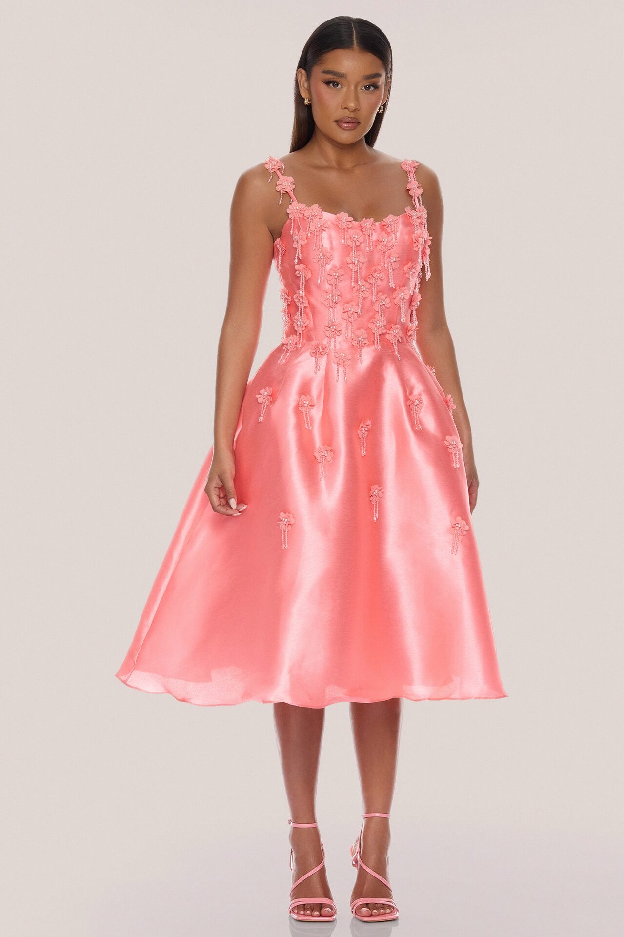 Eternal Bloom Taffeta Midi Dress - Coral