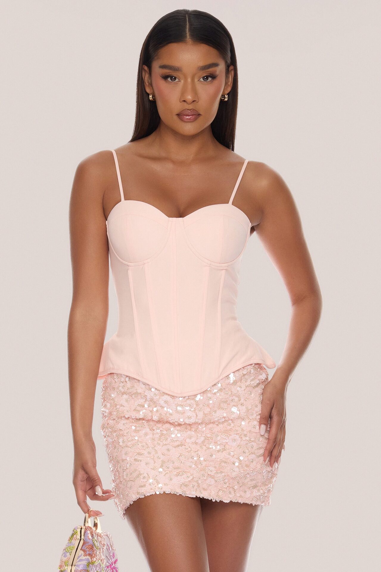 Sweet Serenity Corset Sequin Skirt Set - Light Pink