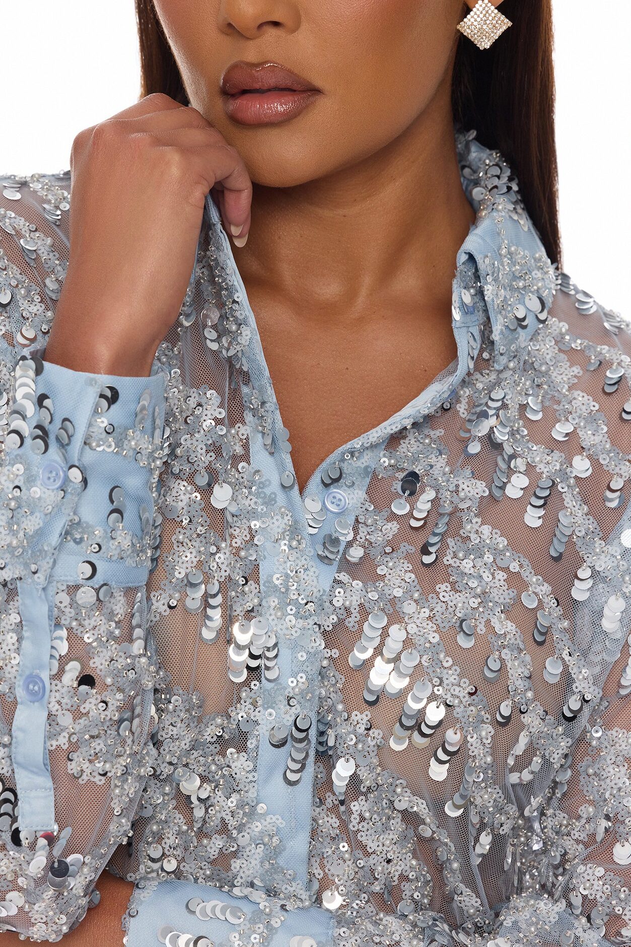 Zariah Sheer Sequin Top - Light Blue
