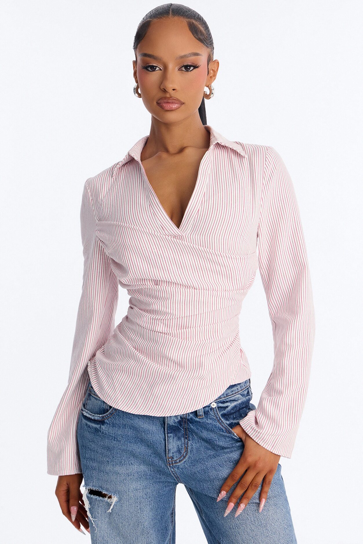 Modern Girl Ruched Pinstripe Top - Pink/combo