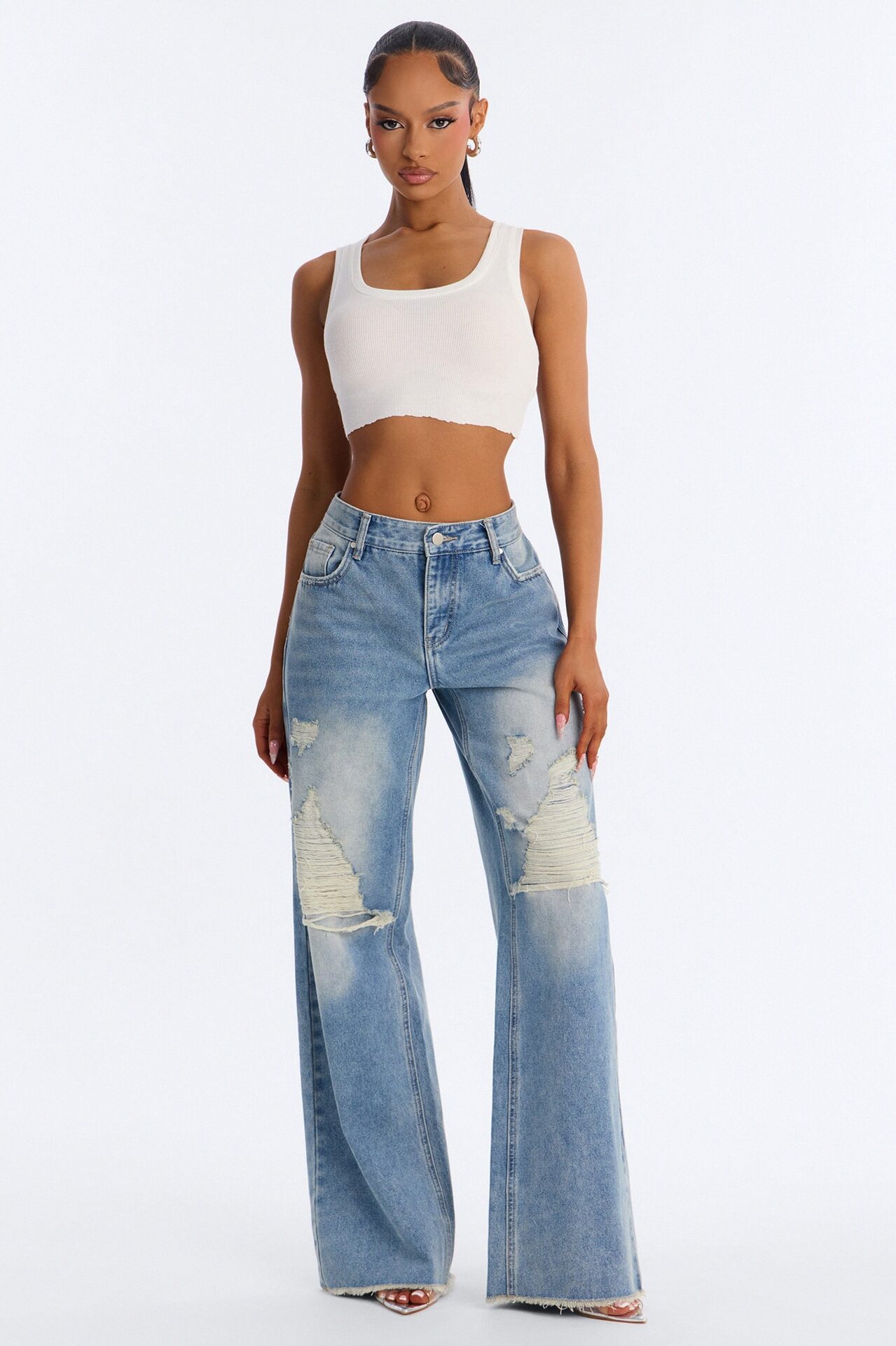 Doing My Best Ripped Non Stretch Jeans - Medium Wash