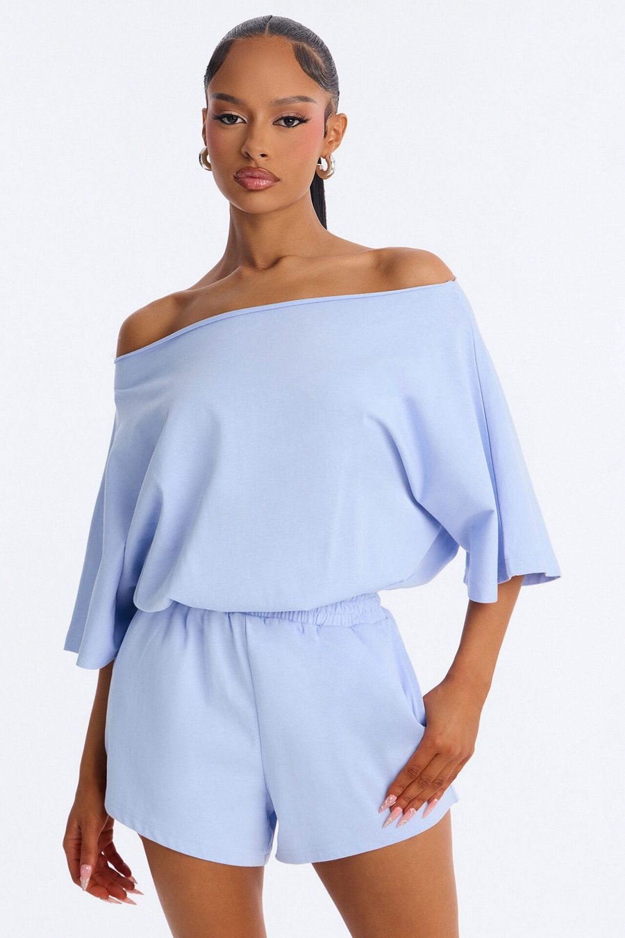 Sunday Dream Cotton Off Shoulder Romper - Blue
