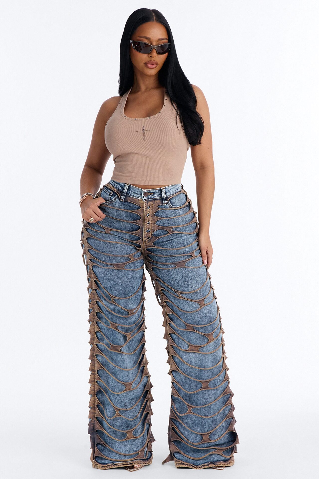 On Top Ripped Stretch Wide Leg Jeans - Medium Wash