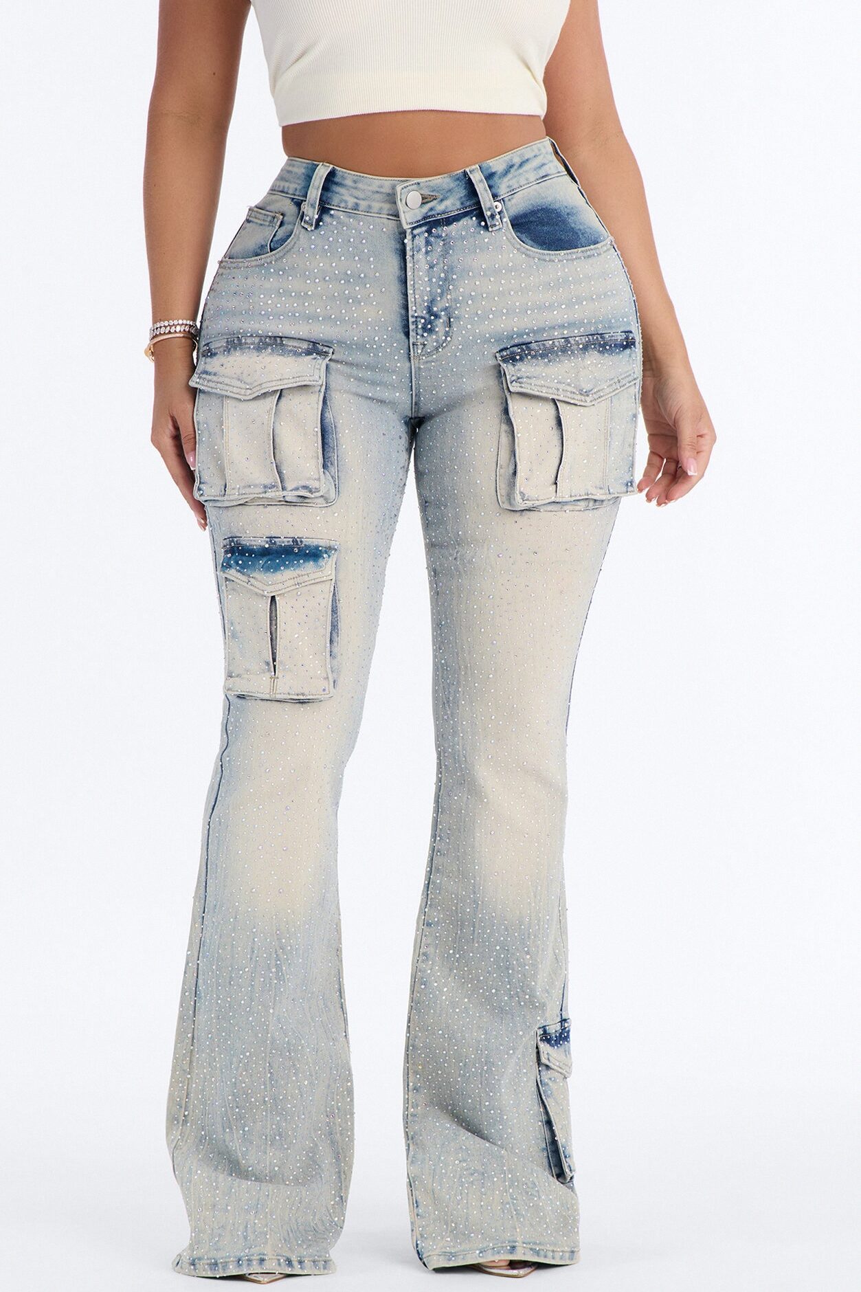 Reflections Embellished Cargo Flare Jeans - Light Wash