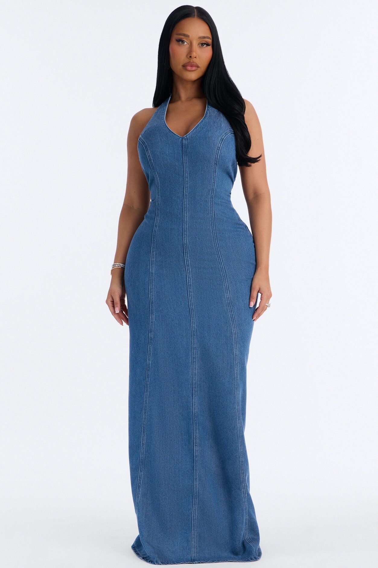 Zaira Halter Denim Maxi Dress - Medium Wash