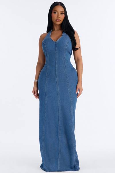 Zaira Halter Denim Maxi Dress - Medium Wash