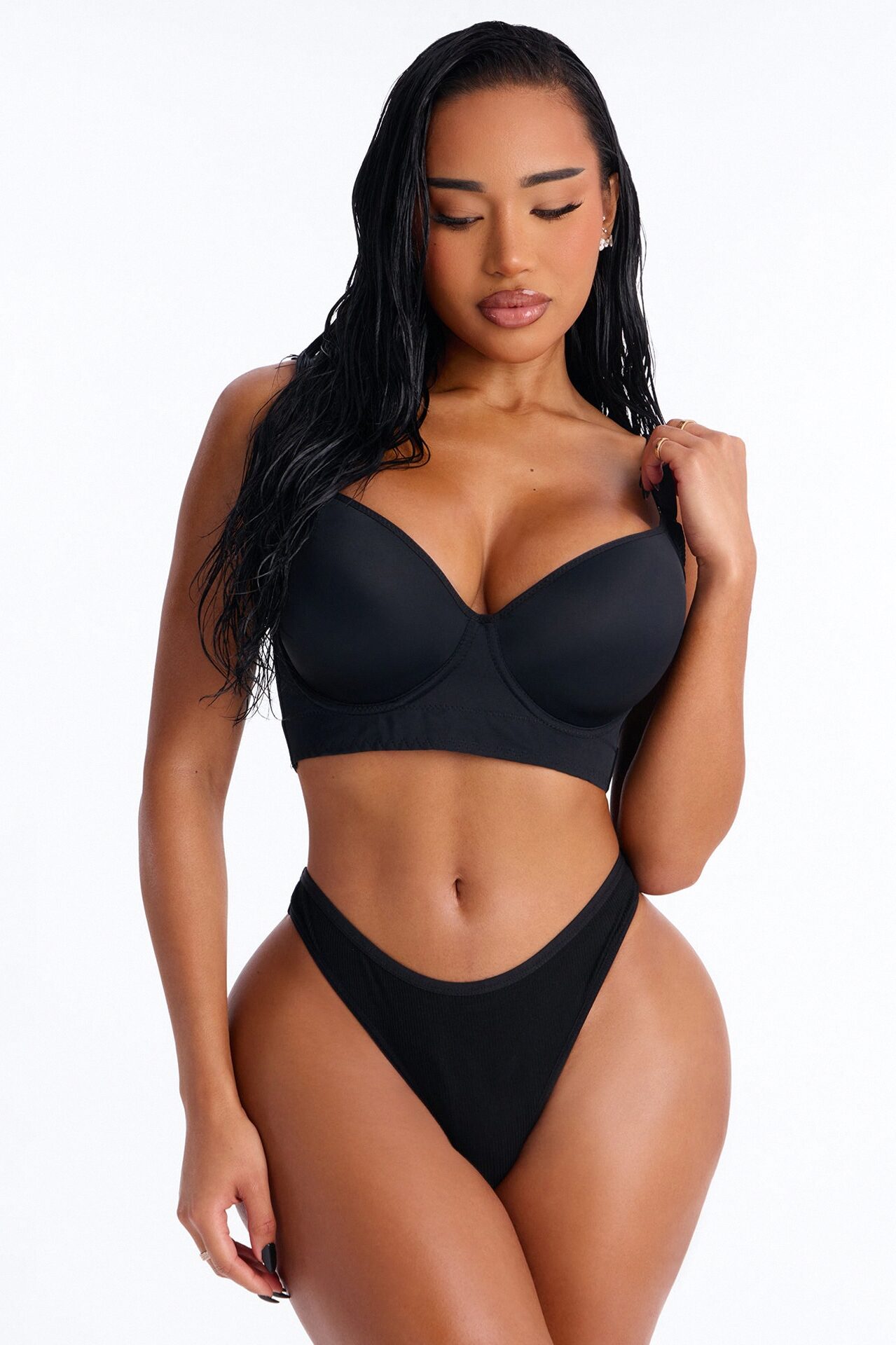 Lightweight Ribbed Lounge Thong Panty - Black