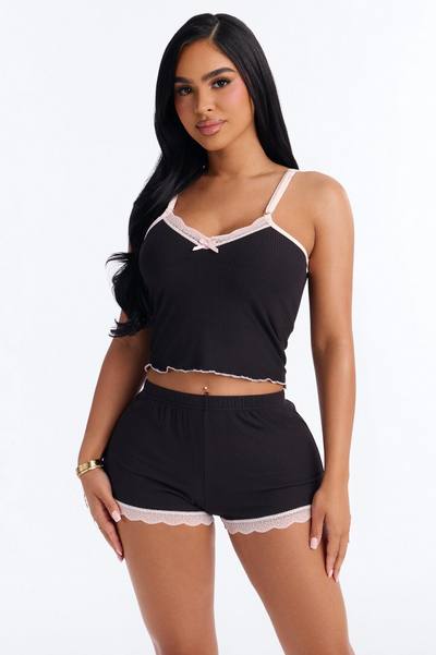Always On My Mind Ribbed PJ Short Set - Black/Pink