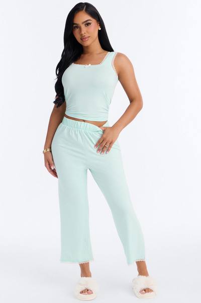 Stay With Me Lace Trim PJ Capri Pant Set - Mint
