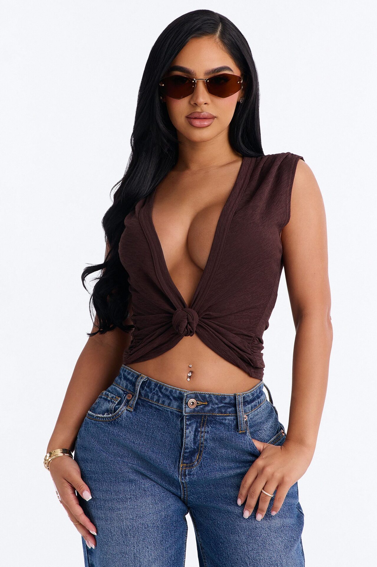 Selena Textured Deep V-Neck Knot Top - Brown