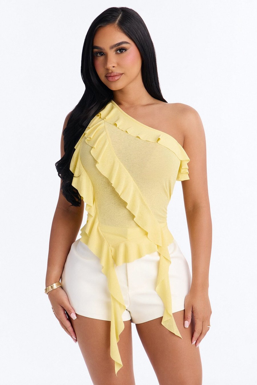 Sicily Ruffle One Shoulder Textured Top - Yellow