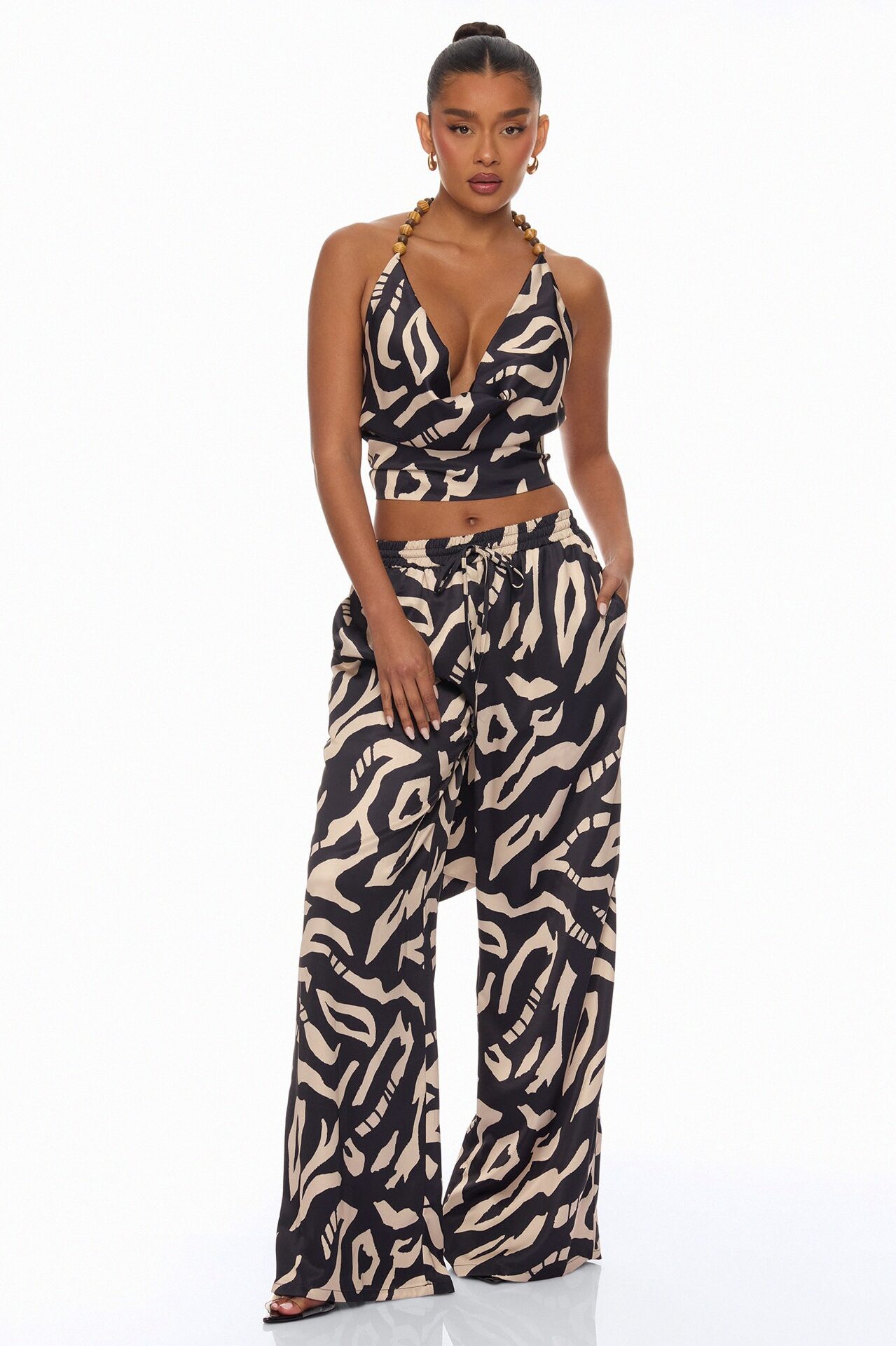 On The Coast Satin Pant Set - Black/combo