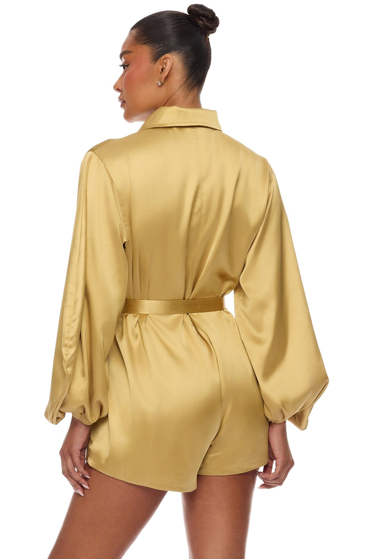 Izabel Balloon Sleeve Satin Romper - Gold