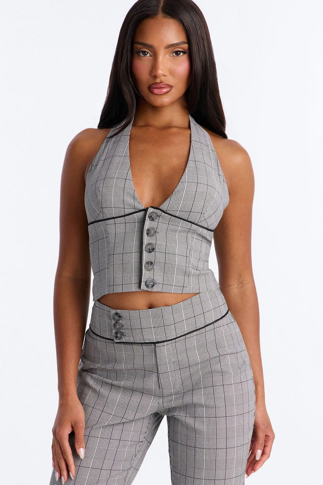 In The Office Plaid Halter Top Pant Set - Black/White
