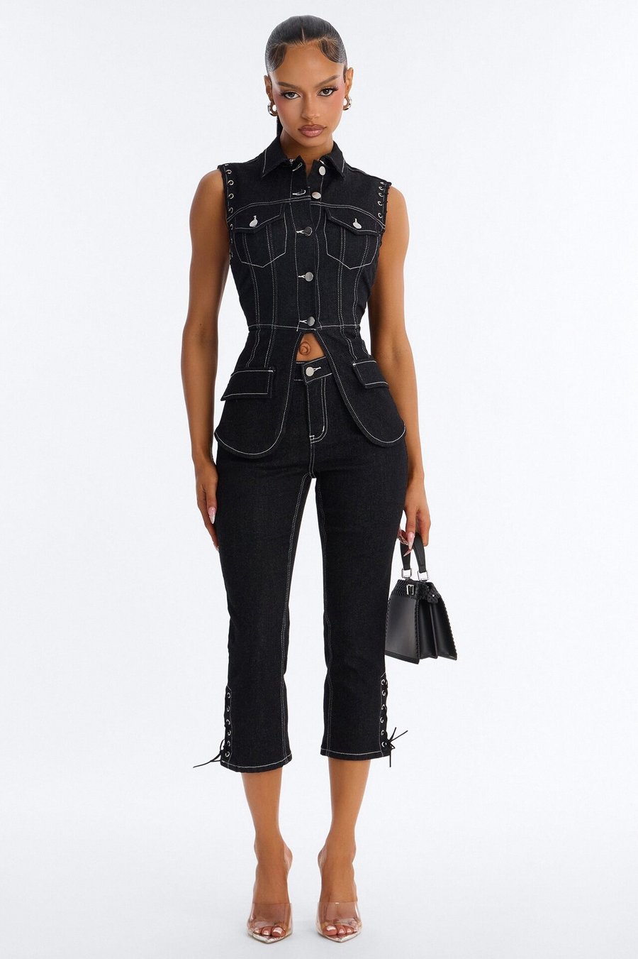 New Girl Denim Lace Up Capri Set - Denim