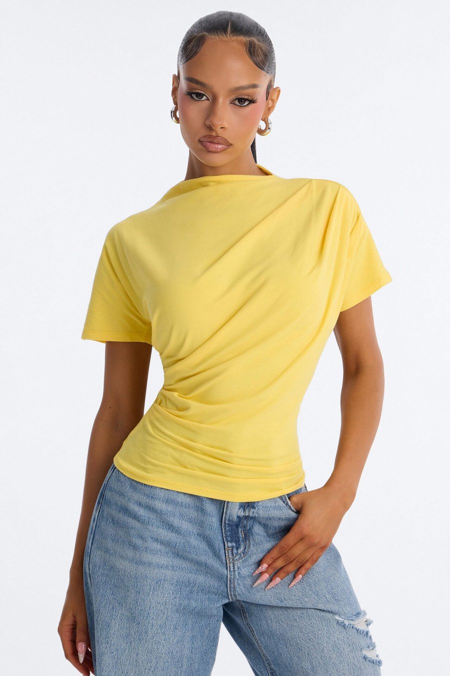 Janice Ruched Mock Neck Short Sleeve Tee - Yellow
