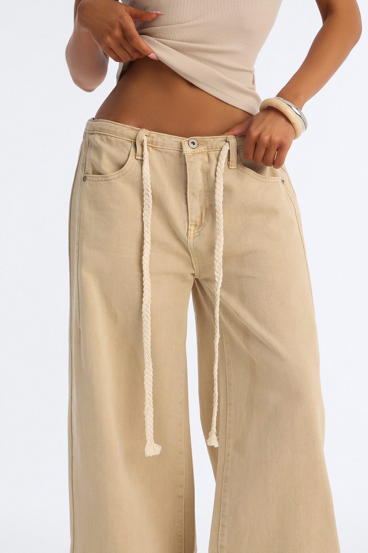 Sandstone Tie Waist Wide Leg Jeans - Khaki
