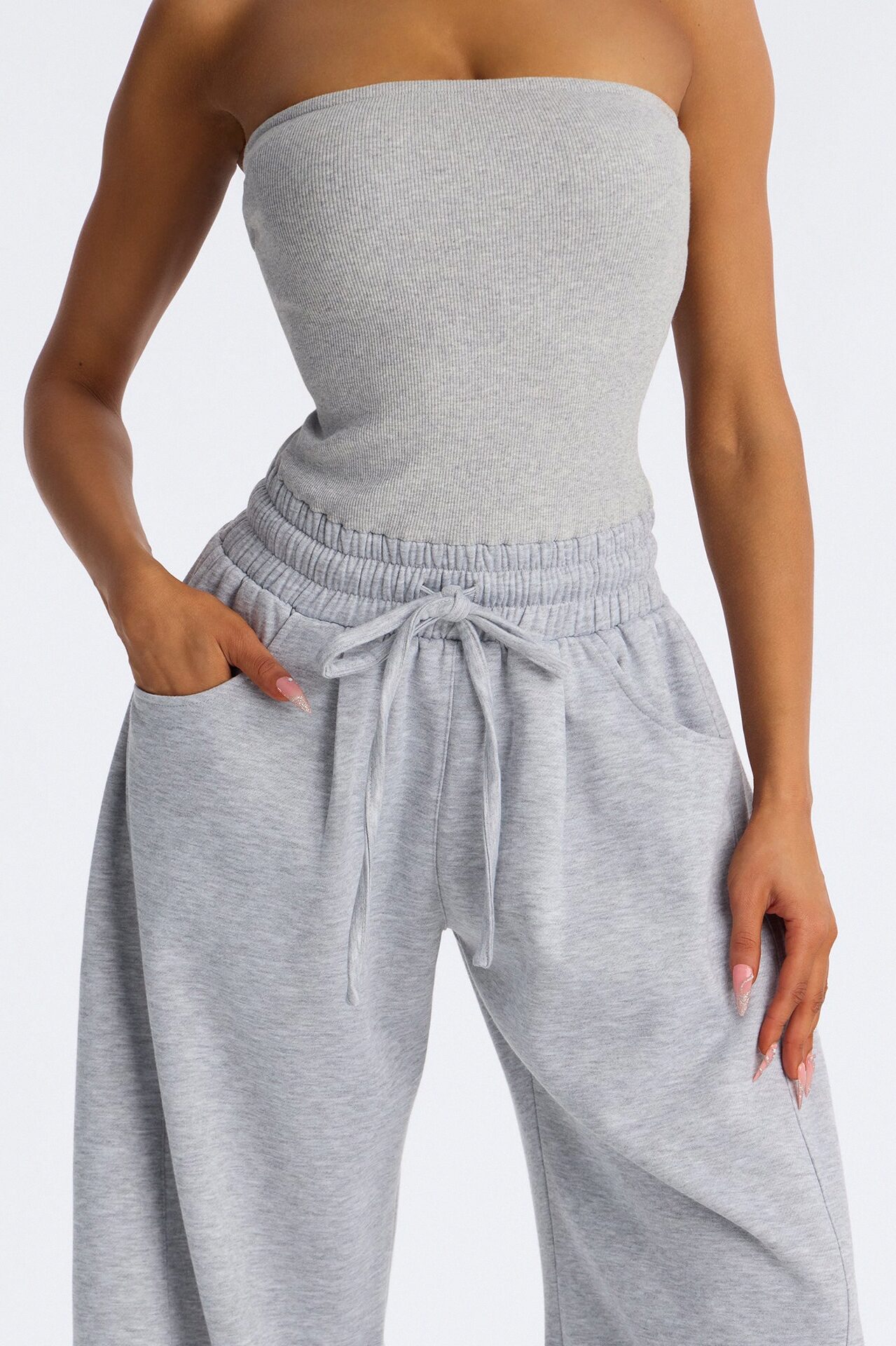 Jules Knit Tube With Fleece Barrel Leg Jumpsuit - Grey