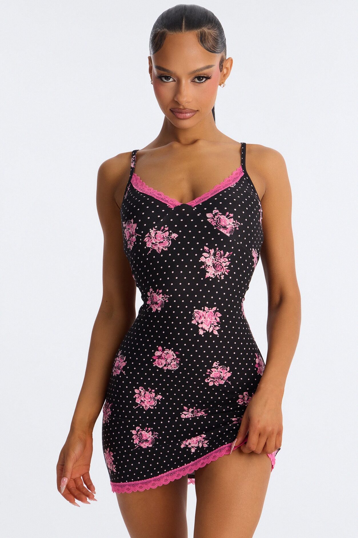 Sweet With An Edge Polka Dot Rose PJ Cami Sleep Dress - Black/combo