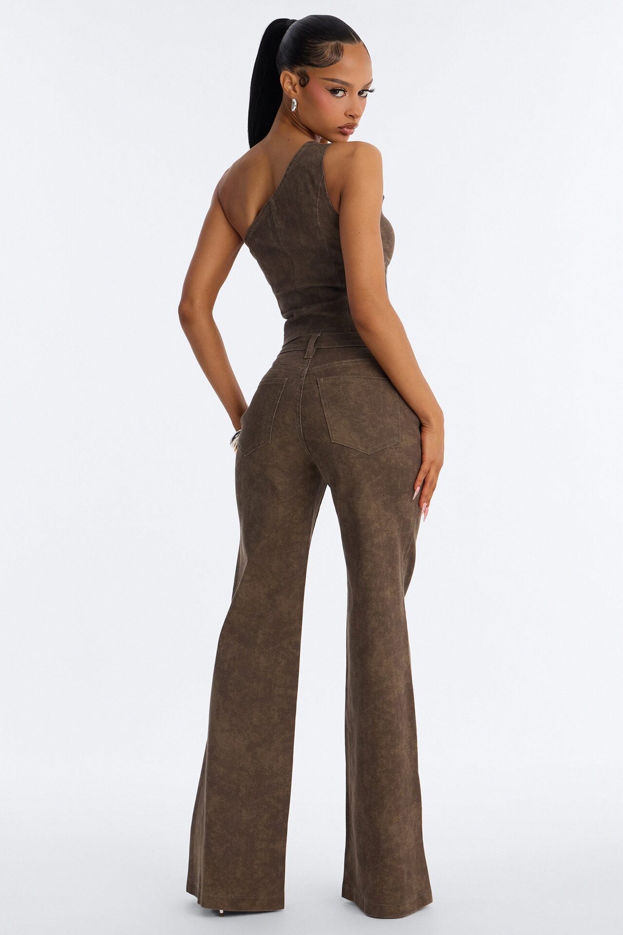 Nazari Denim Washed Flare Pant Set - Brown