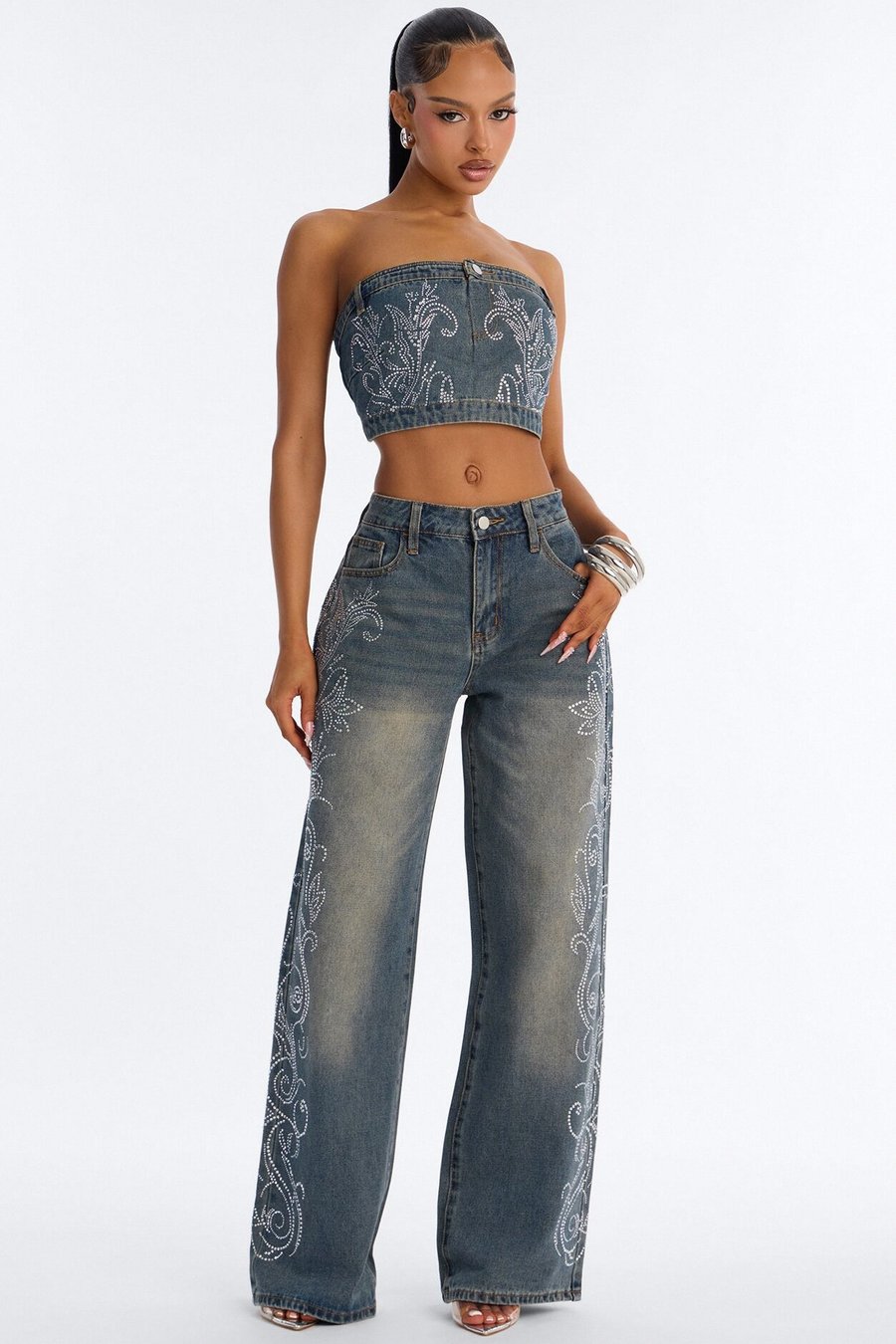 Trinity Denim Rhinestone Pant Set - Denim