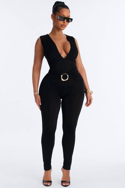 Serena Plunge Sleeveless Catsuit - Black