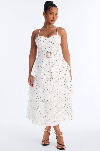 Jackie Ruffle Polka Dot Midi Dress - White/Black