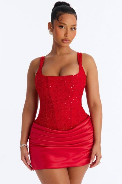 Kylee Embellished Draped Mini Dress - Red