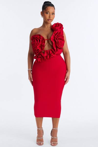 Hold Me Closer Ruffle Bandage Midi Dress - Red