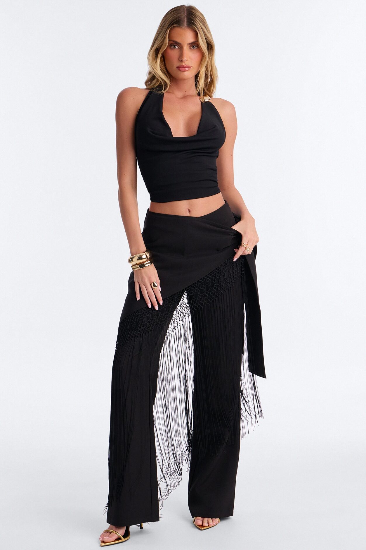Willow Wrap Fringe Straight Leg Trouser - Black