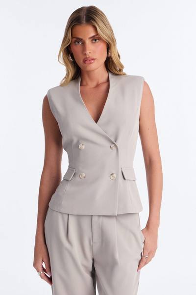 Everything in Order Double Breasted Sleeveless Fitted Blazer - Grey