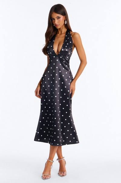 Celeste Satin Polka Dot Midi Dress - Black/White