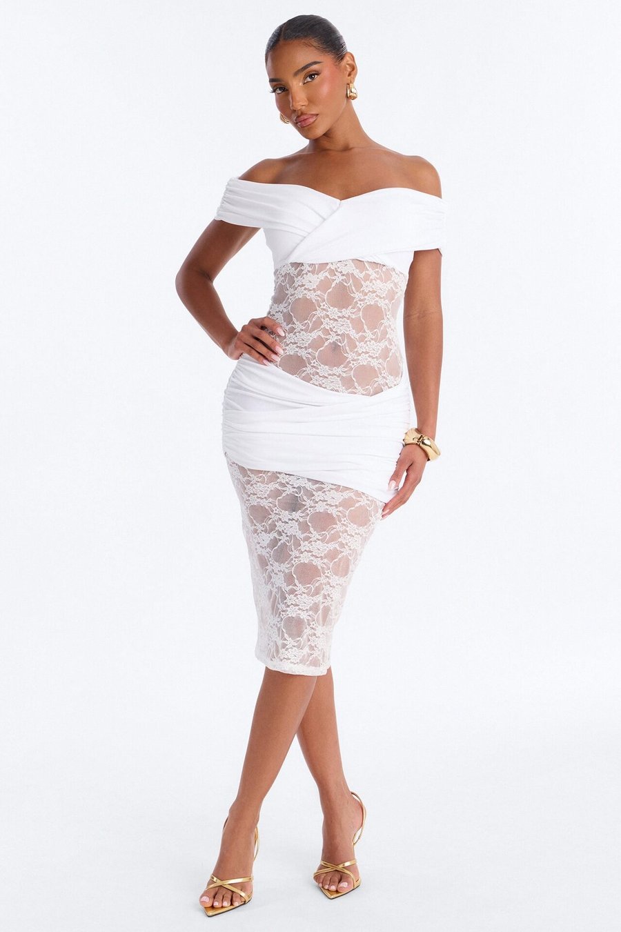 Nicole Off Shoulder Lace Midi Dress - White