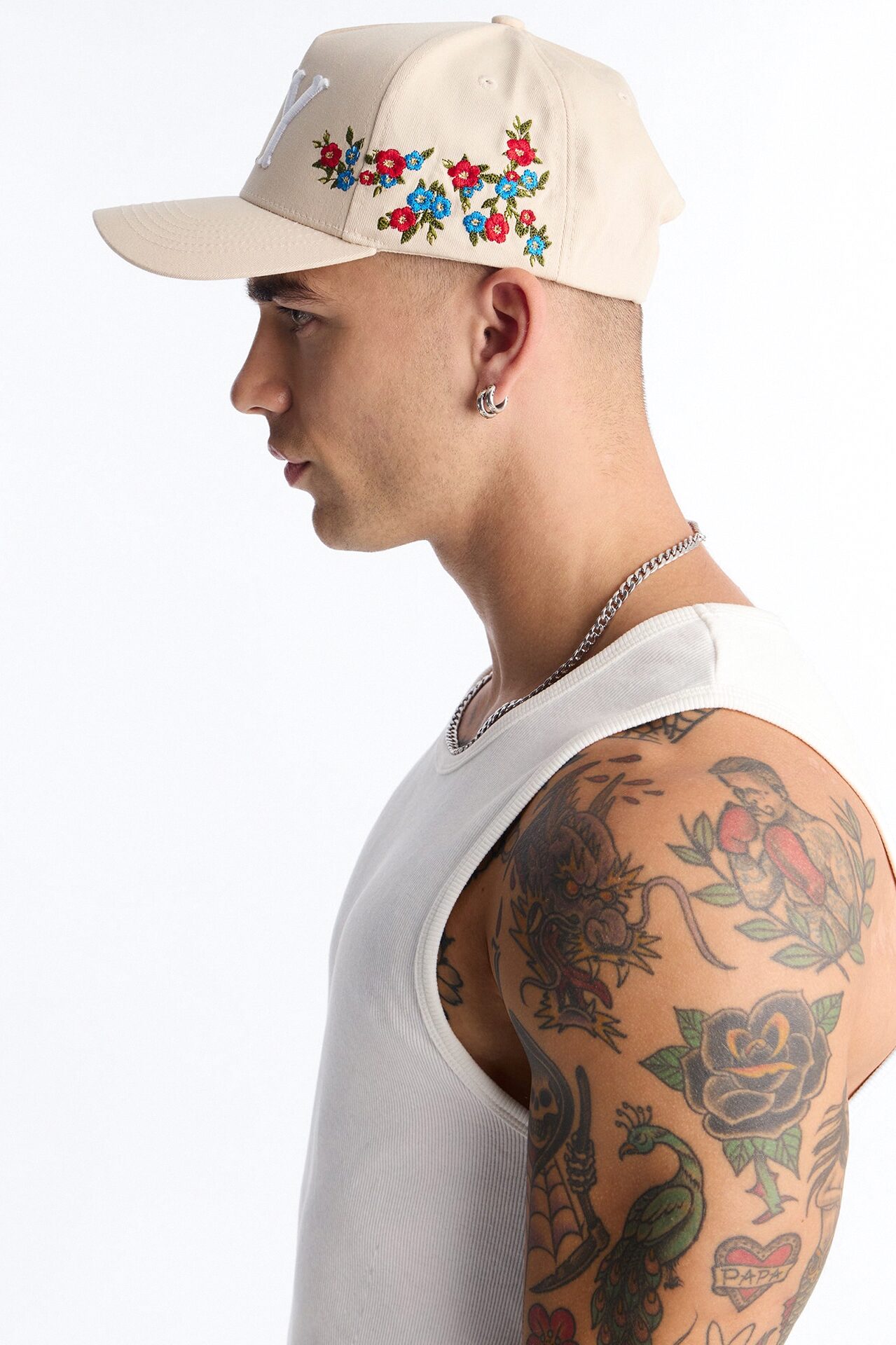 NY Flower Embroidery Cotton Twill Snapback Hat - Stone