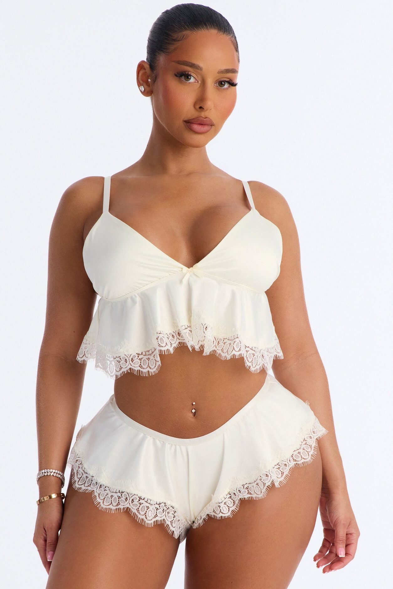 Ways To Get Me Satin Lace Trim Flowy 2 Piece Set - Pearl