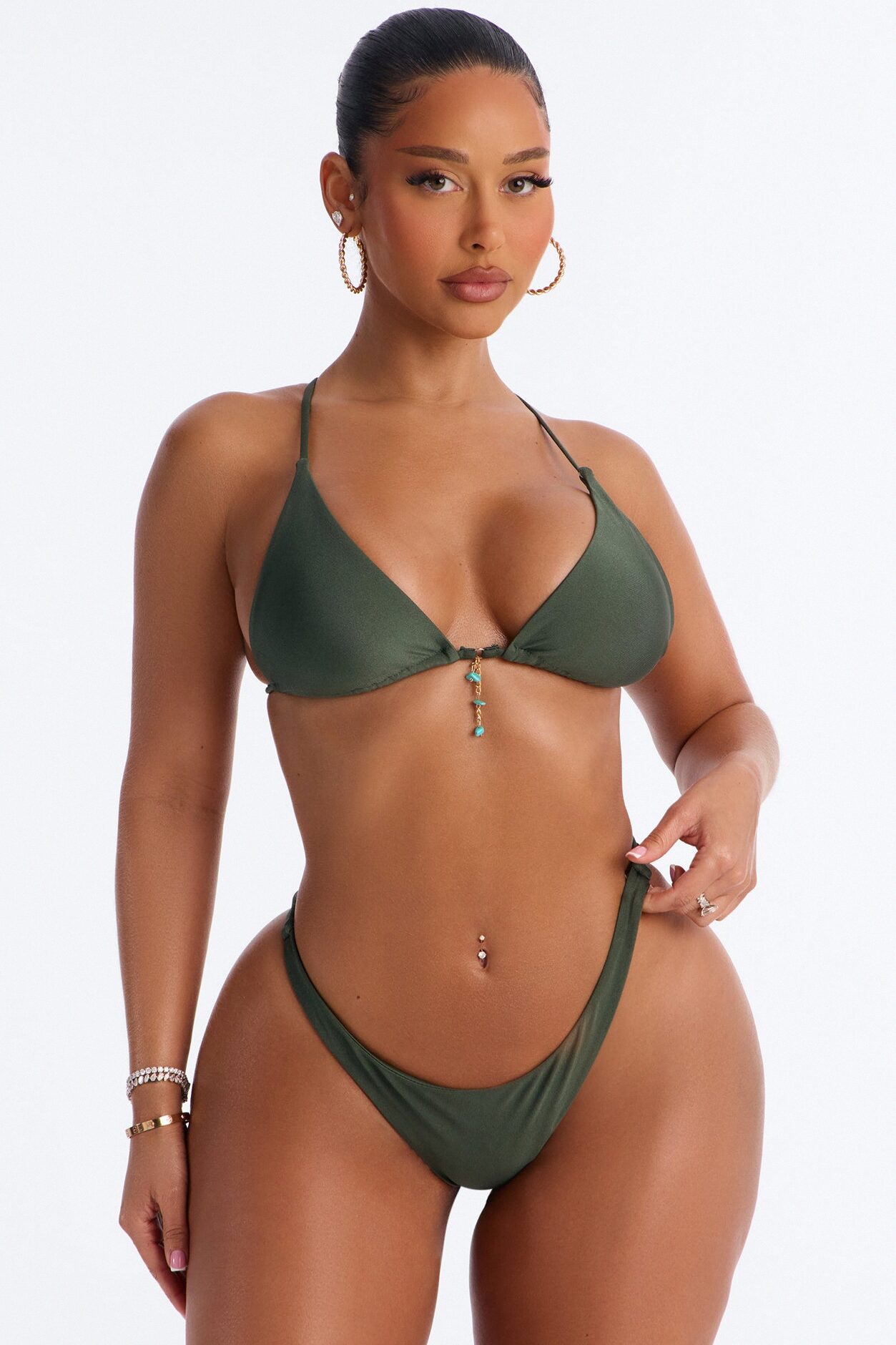 Doing The Most 3 Piece Shimmer Triangle Bikini & Cover Up Pant Sunsuit - Olive