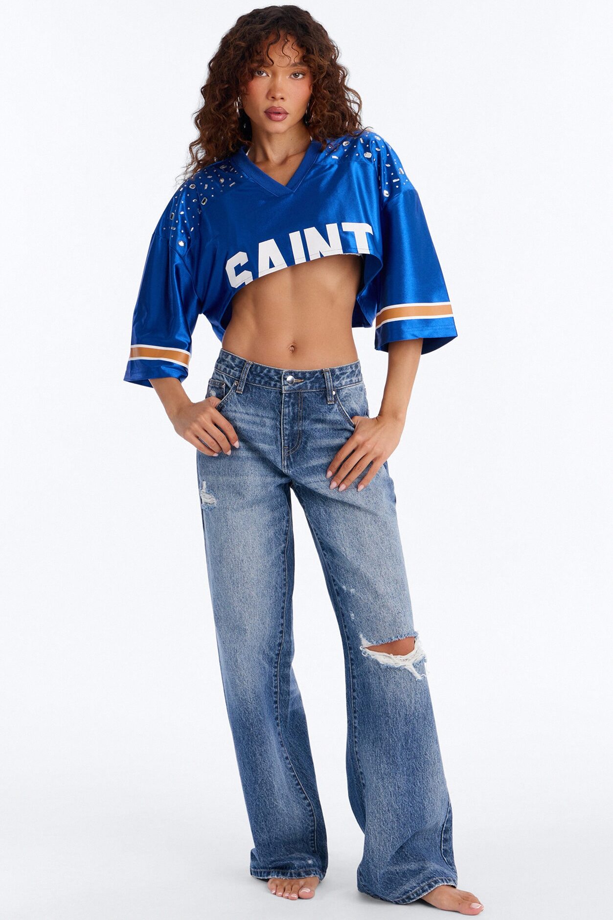 Saint Embellished Cropped Jersey - Royal