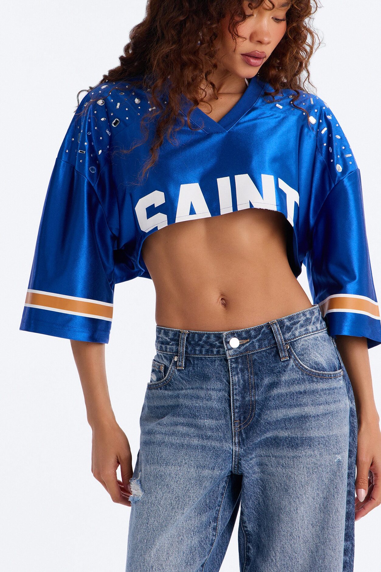 Saint Embellished Cropped Jersey - Royal