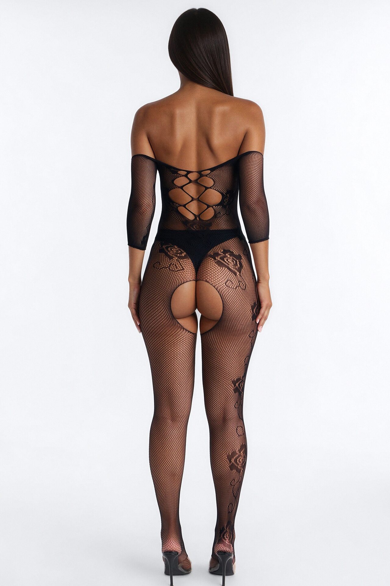 Kara Crotchless Strappy Fishnet Jumpsuit Bodystocking - Black