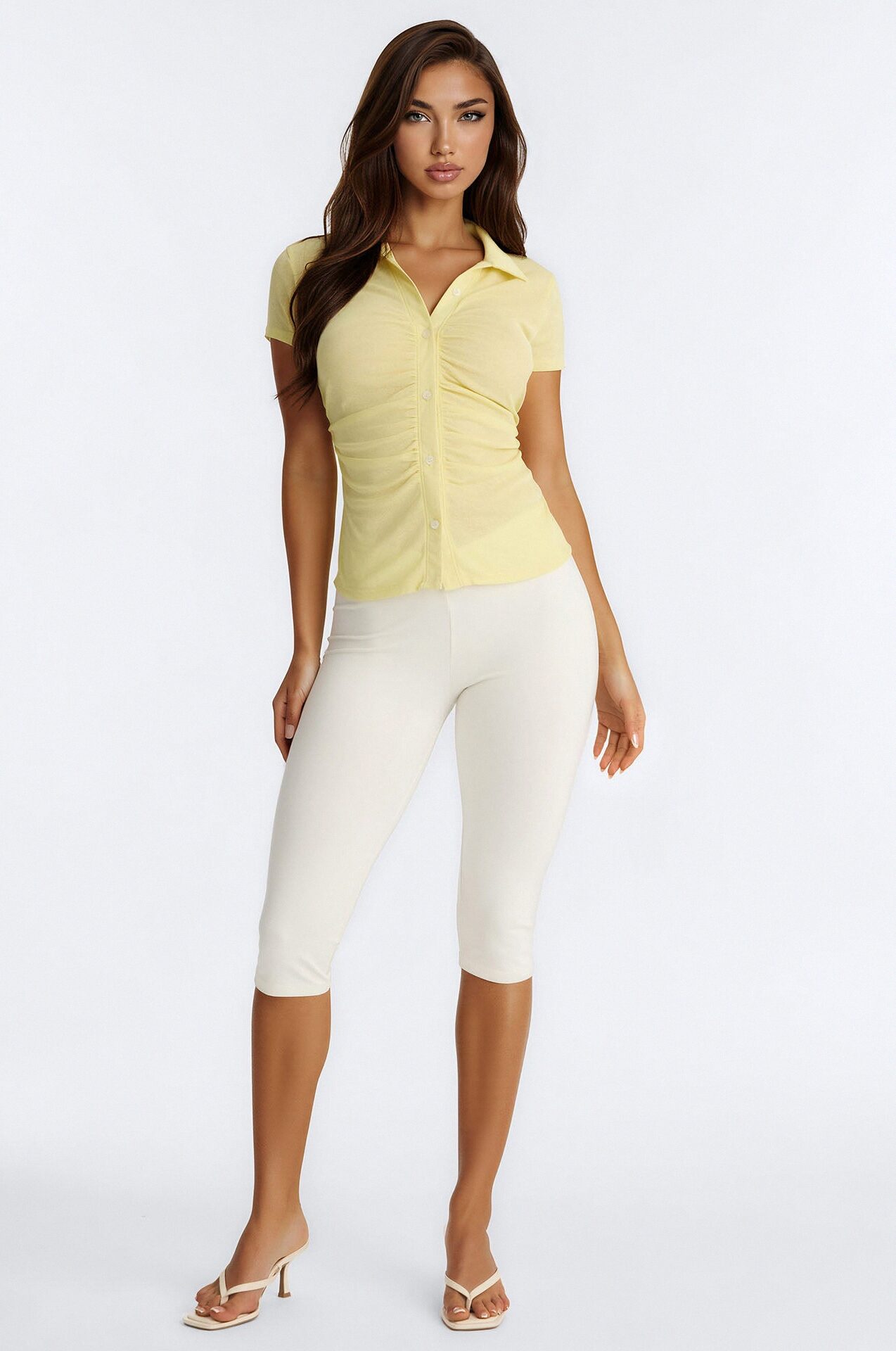 Jenn Textured Button Up Ruched Short Sleeve Shirt - Butter Yellow