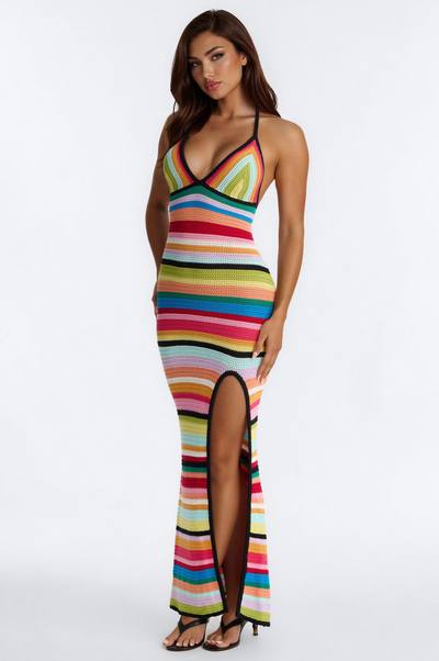 Sunset Stripes Crochet Maxi Dress - MultiColor