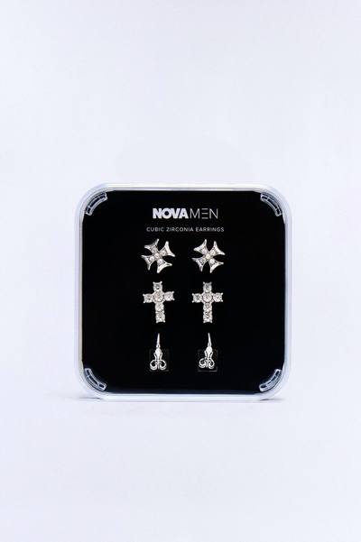 Holy Gothic Iced Cross Earring Set - Silver