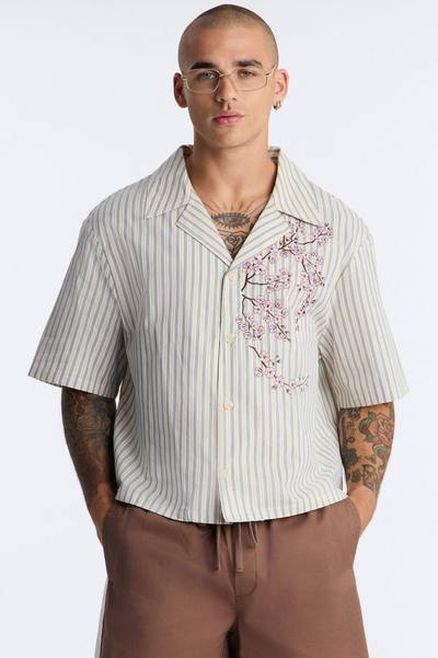 Haru Fade Stripe Cuban Collar Button Up Shirt - White/combo