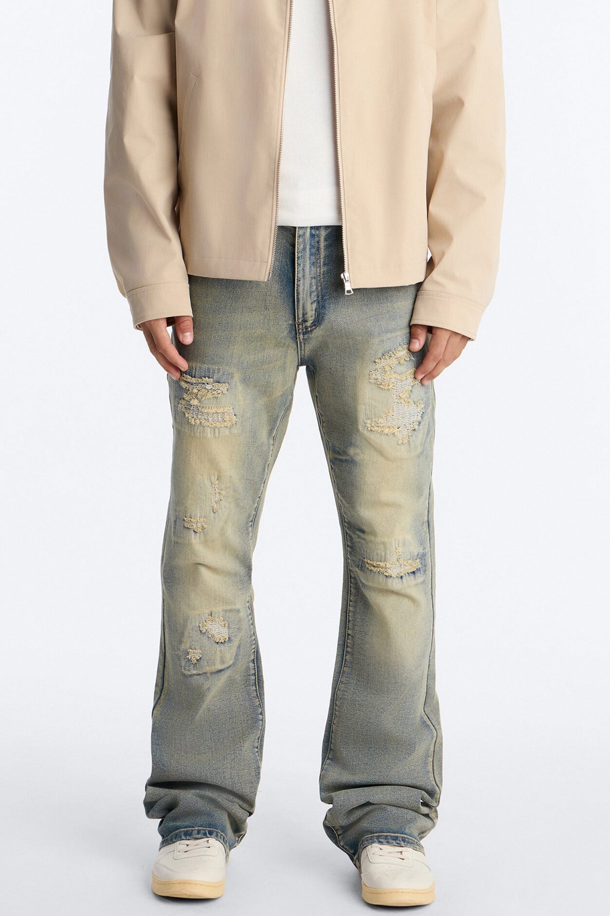 Stacked Skinny Flare Etched Distress Jeans - Vintage Blue Wash