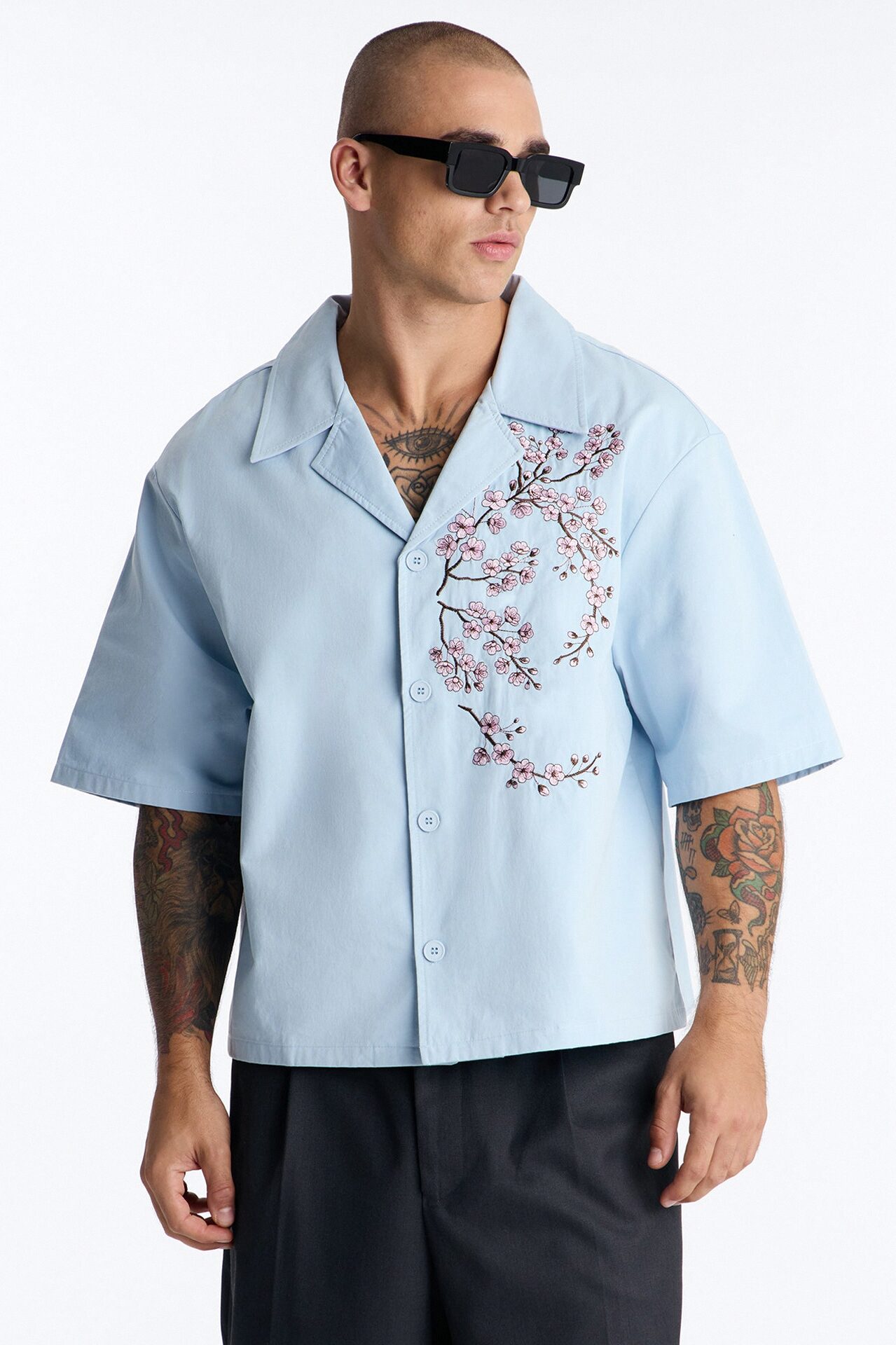 Haru Fade Stripe Cuban Collar Button Up Shirt - Light Blue