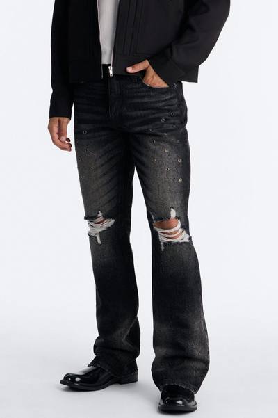 Stacked Slim Flare Looking Out Distressed Grommet Jean - Black Wash