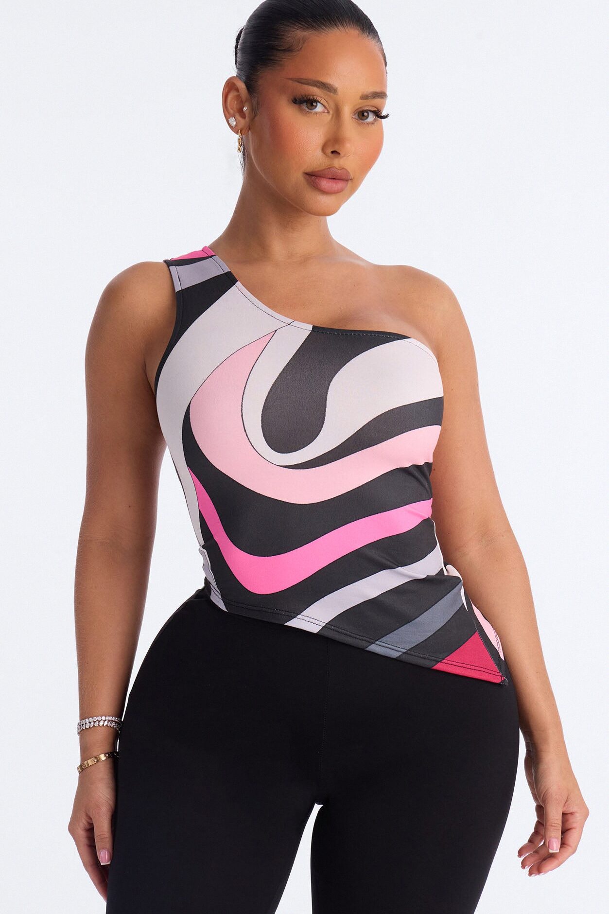 Portofino Abstract Asymmetrical One Shoulder Top - Pink/combo