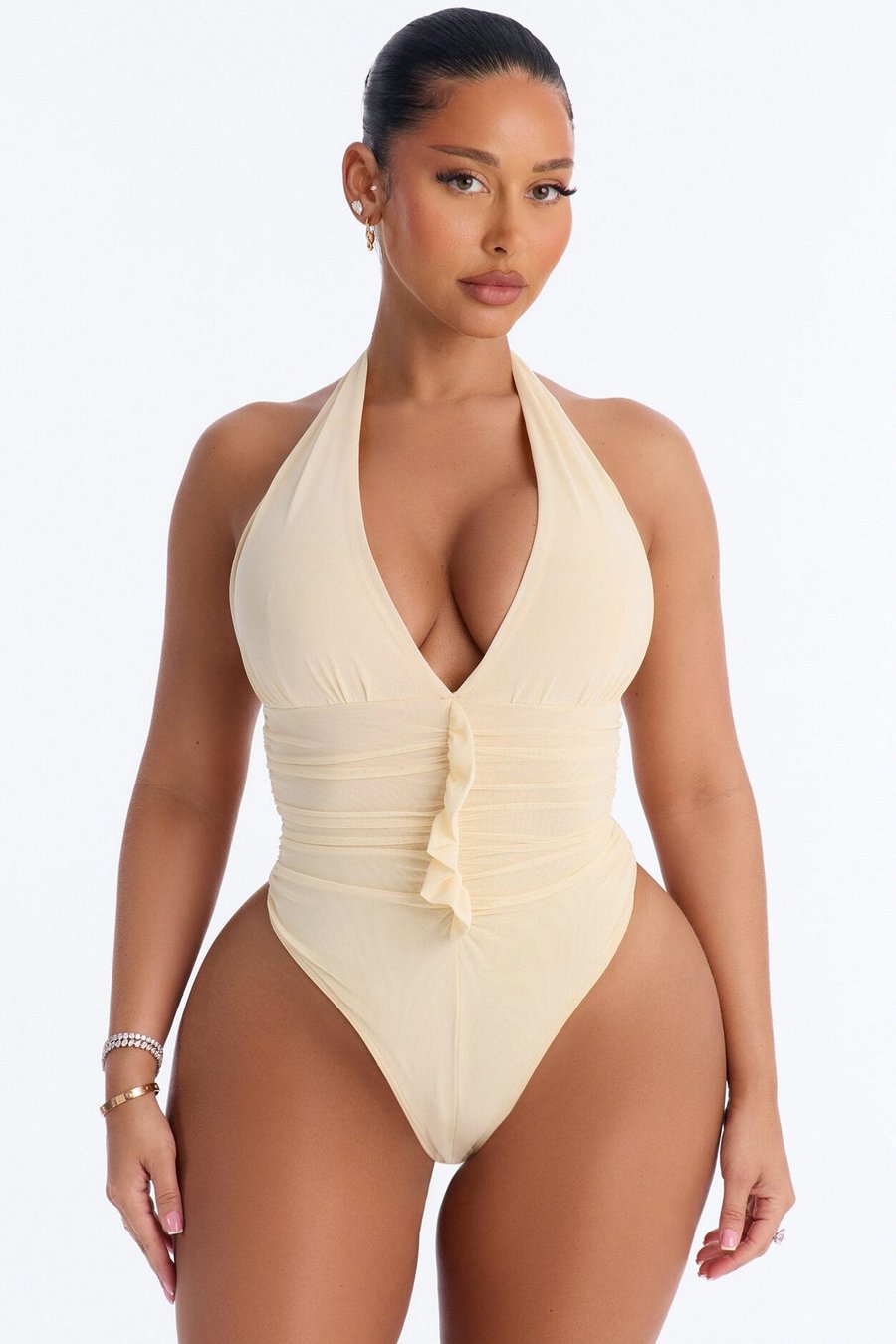 Sabrina Ruffle Mesh Halter Bodysuit - Yellow