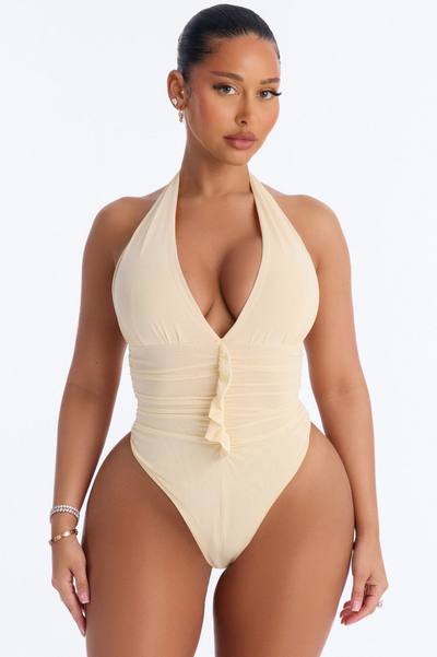 Sabrina Ruffle Mesh Halter Bodysuit - Yellow