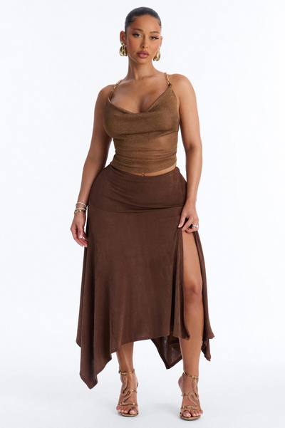 Alyssa Drop Waist Slinky Midi Skirt - Chocolate